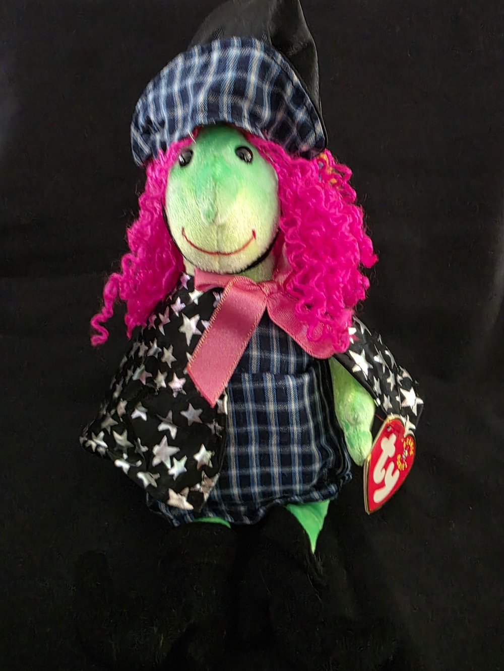 Ty Green Witch Plush with Bright Pink Curly Hair